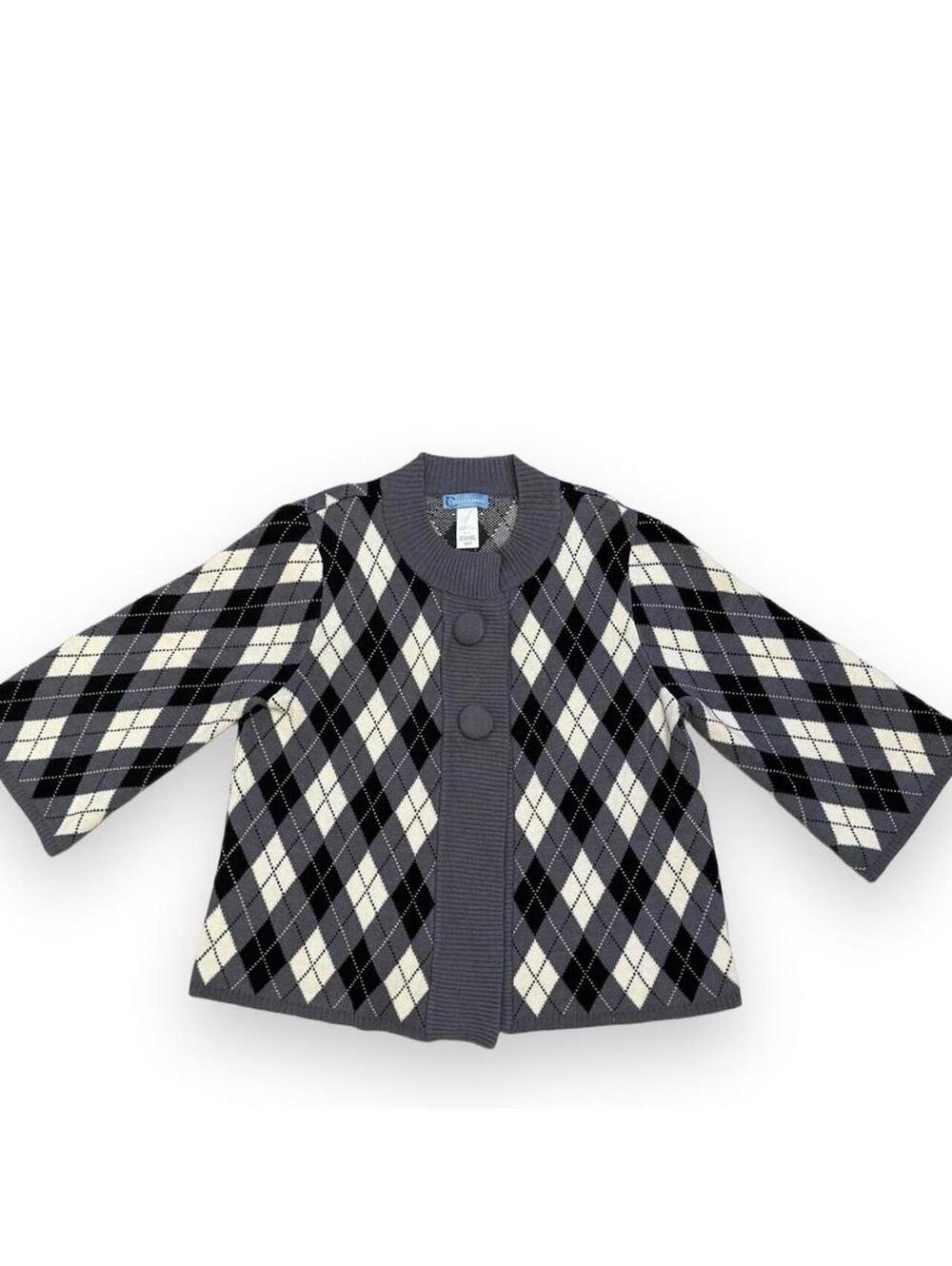 Classic Elements Argyle Knit Cardigan Sweater Mock Neck Gray Black XL vtg style